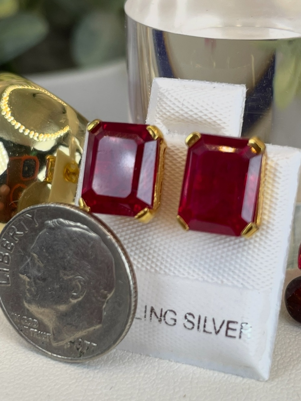 8.4ct Ruby Earrings 18k Yellow Gold on 925 Sterling. Emerald cut - Picture 5 of 5